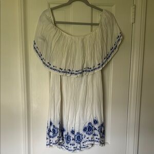 White and Blue Embroidered Off-Shoulder dress